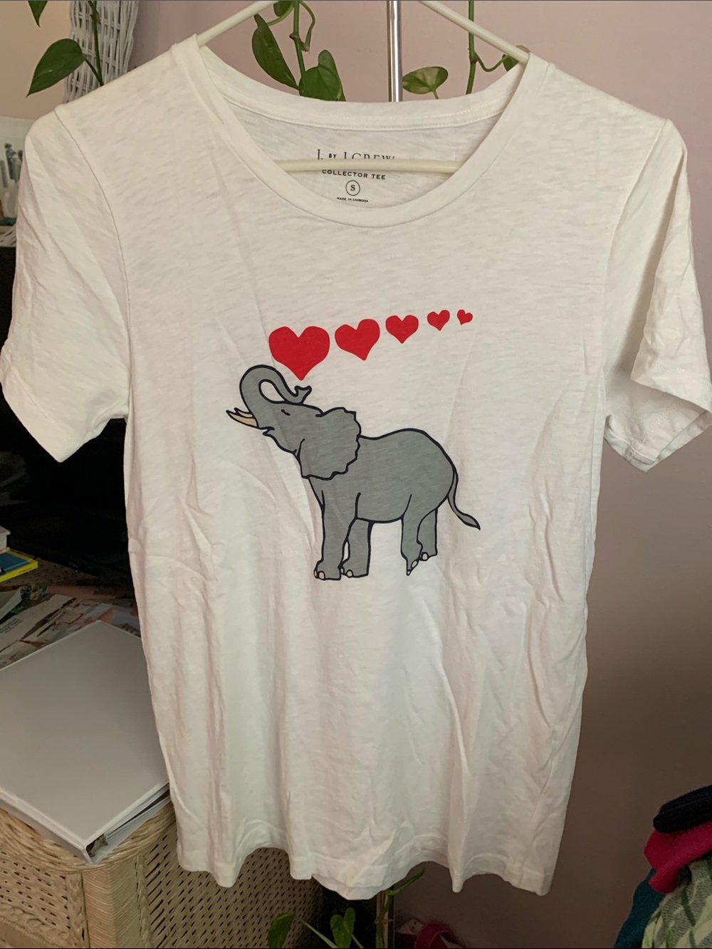 J. Crew White Tee with Gray Elephant and Red Hearts